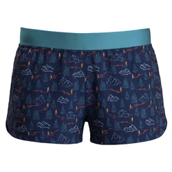 Navy shorts with mountain and trail runner pattern on a white background