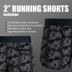 Black running shorts with jackalope pattern on a gray background
