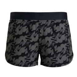 Black shorts with jackalope pattern on a white background