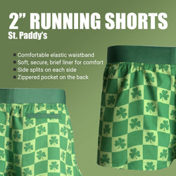 Green checkered shorts with shamrock pattern on a green background, featuring text about the product.