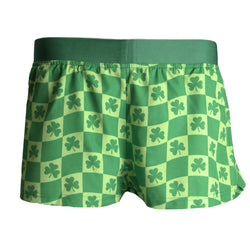 Green shorts with shamrock pattern on a white background