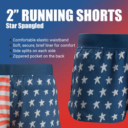 2" Running Shorts with Star Spangled pattern on a blue and red background