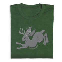 Green t-shirt with a gray rabbit and deer hybrid graphic and 'Run Different' text on a white background