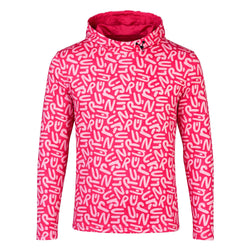 Pink hoodie with white pattern on a white background