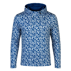 Blue hoodie with white pattern on a white background