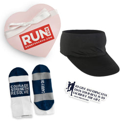 Heart-shaped box with 'RUNBOX' logo, black visor, blue and white socks, and motivational sticker on a white background