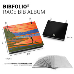 BIBFOLIO race bib album with colorful sunset front cover and black back, including 12 vinyl protector sleeves.