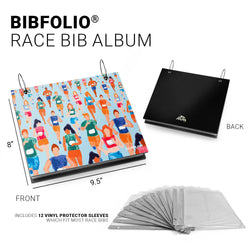 BIBFOLIO race bib album with colorful runners on the front cover, black back, and vinyl protector sleeves on a white background.