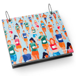 Bibfolio with colorful illustration of people on a light blue background
