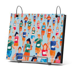 Bibfolio with colorful illustration of runners on a light blue background