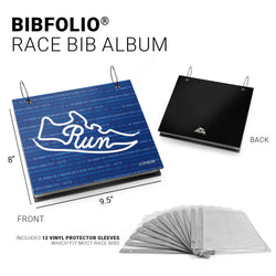 BIBFOLIO race bib album with blue shoe on front cover and black back, including 12 vinyl protector sleeves.