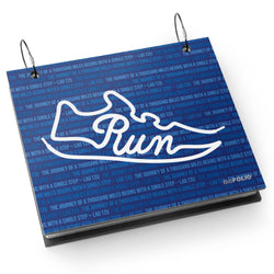 Blue bibfolio with 'Run' design and text on a white background