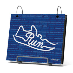 Blue bibfolio with 'Run' design and text on a white background