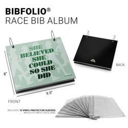 BIBFOLIO race bib album with front and back views, dimensions, and included vinyl protector sleeves.