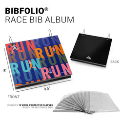 BIBFOLIO race bib album with colorful design and black back, including 12 vinyl protector sleeves.