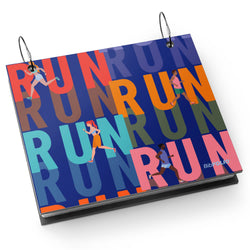 Running-themed bibfolio bib album with colorful 'RUN' text and running illustrations on a white background