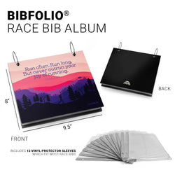 BIBFOLIO race bib album with front and back views, including vinyl protector sleeves.