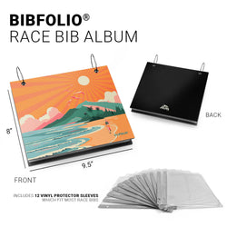 BIBFOLIO race bib album with front and back views, including 12 vinyl protector sleeves.