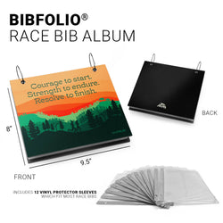 BIBFOLIO race bib album with front and back views, vinyl protector sleeves, and dimensions.