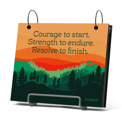 Bibfolio with motivational quote and nature design on a white background