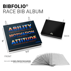 BIBFOLIO race bib album with colorful text design and black cover, showing front and back views.