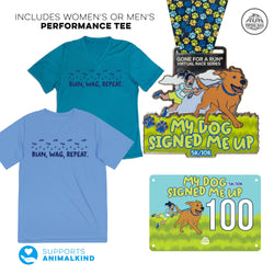 Two t-shirts with dog-themed text and two race bibs featuring cartoon dogs and text on a white background.