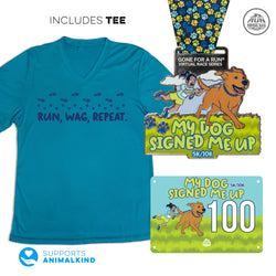 Teal t-shirt with 'Run, Wag, Repeat' text, virtual race medal with 'My Dog Signed Me Up 5K/10K', race bib and support for animalkind logo.