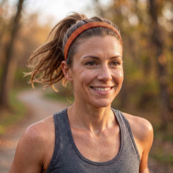 Woman in athletic wear with an orange headband outdoors