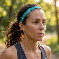 Woman wearing a blue headband outdoors with trees in the background