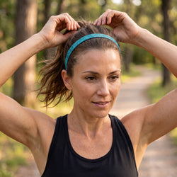 Woman adjusting her hair with a blue headband outdoors