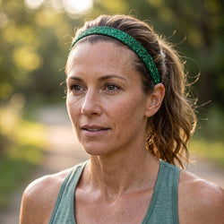 Woman wearing a green headband and tank top outdoors