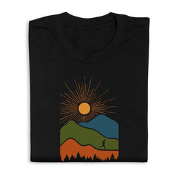 Black t-shirt with a mountain and sun design on a white background