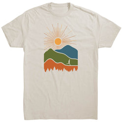 Beige t-shirt with a graphic of mountains, sun, and person running on a white background