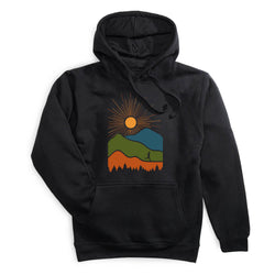Black hoodie with a colorful mountain graphic on a white background