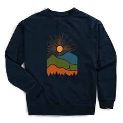 Navy blue sweatshirt with a mountain and sun design on a white background