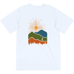 White t-shirt with a colorful graphic of a sun, mountains, and a person running on a white background