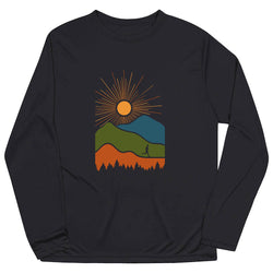 Black long-sleeve shirt with a colorful graphic of a sun, mountains, and a person running on a white background