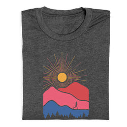 Dark gray t-shirt with a mountain and sun design on a white background