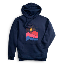 Navy blue hoodie with a mountain and sun design on a white background