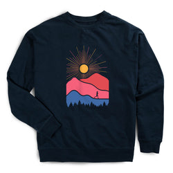 Navy blue sweatshirt with a mountain and sun design on a white background