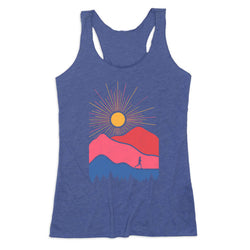 Blue tank top with a colorful graphic of a sun and mountains on a white background