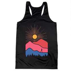 Black tank top with a colorful graphic of mountains and a sun on a white background
