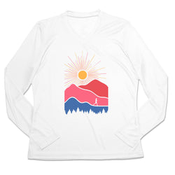 White long-sleeve shirt with a colorful mountain and sun design on a white background