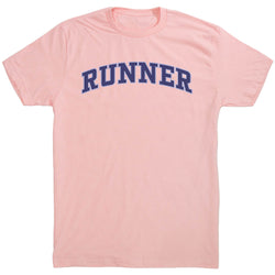 Pink t-shirt with 'RUNNER' printed in blue on a white background