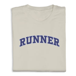 Beige t-shirt with 'RUNNER' printed in blue on a white background