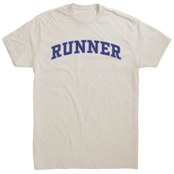 Beige t-shirt with 'RUNNER' printed in blue on a white background