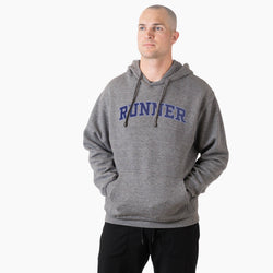 Person wearing a gray hoodie with 'RUNNER' printed on it against a white background