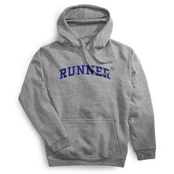 Gray hoodie with 'RUNNER' text on a white background