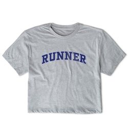 Gray crop t-shirt with 'RUNNER' printed in blue on a white background