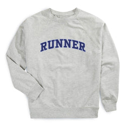Gray sweatshirt with 'RUNNER' printed in blue on a white background